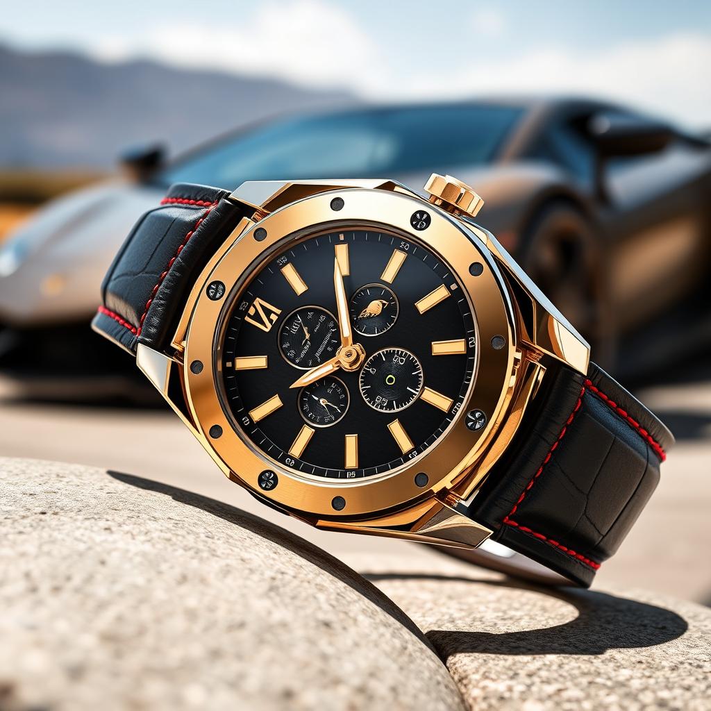 A luxurious and elegant watch design inspired by Lamborghini aesthetics, featuring sleek curves and sharp angles reminiscent of the iconic sports cars