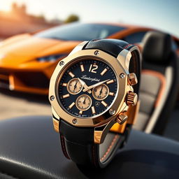 A luxurious and elegant watch design inspired by Lamborghini aesthetics, featuring sleek curves and sharp angles reminiscent of the iconic sports cars