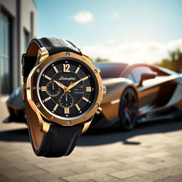 A luxurious and elegant watch design inspired by Lamborghini aesthetics, featuring sleek curves and sharp angles reminiscent of the iconic sports cars