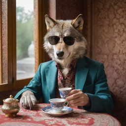 A cool, sophisticated wolf wearing stylish smoked sunglasses, savoring a cup of traditional Iranian tea in a beautifully decorated Persian teahouse.