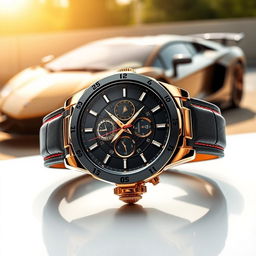 A luxurious and elegant watch design inspired by Lamborghini aesthetics, featuring sleek curves and sharp angles reminiscent of the iconic sports cars