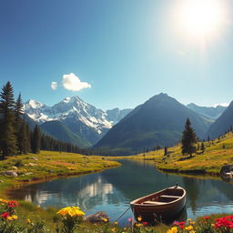 A serene landscape featuring a picturesque mountain range with snow-capped peaks under a bright blue sky, lush green valleys dotted with colorful wildflowers in vibrant hues of yellow, purple, and red