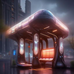 A captivating supernatural yet super beautiful futurist bus stop, rich in advanced technology and ethereal elements.