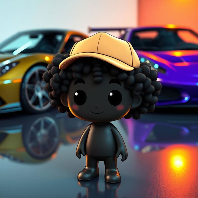 A small, cartoon-like figure in a black color with curly hair, wearing a skin-colored cap