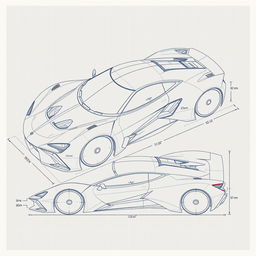 A detailed blueprint of a sleek, modern car body, with intricate lines and measurements