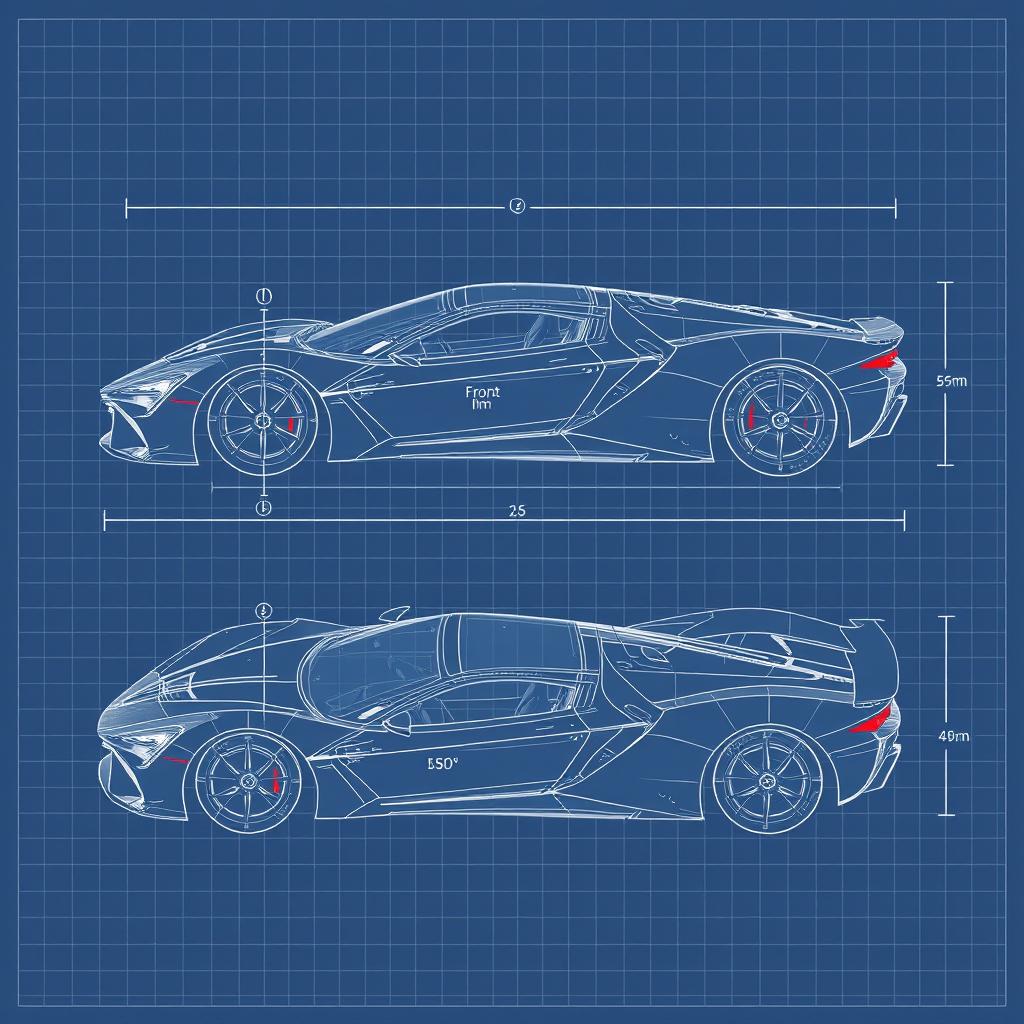 A detailed blueprint of a sleek, modern car body, with intricate lines and measurements