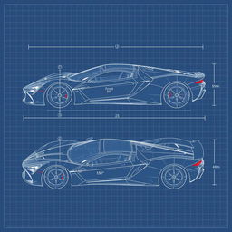 A detailed blueprint of a sleek, modern car body, with intricate lines and measurements