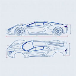 A detailed blueprint of a sleek, modern car body, with intricate lines and measurements