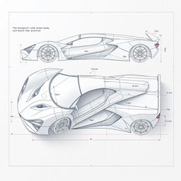 A detailed blueprint of a sleek, modern car body, with intricate lines and measurements