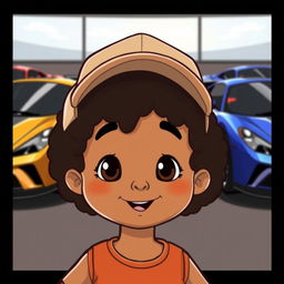 A cute cartoon character with light brown skin and curly hair, wearing a beige cap