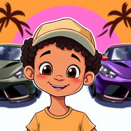 A cute cartoon character with light brown skin and curly hair, wearing a beige cap