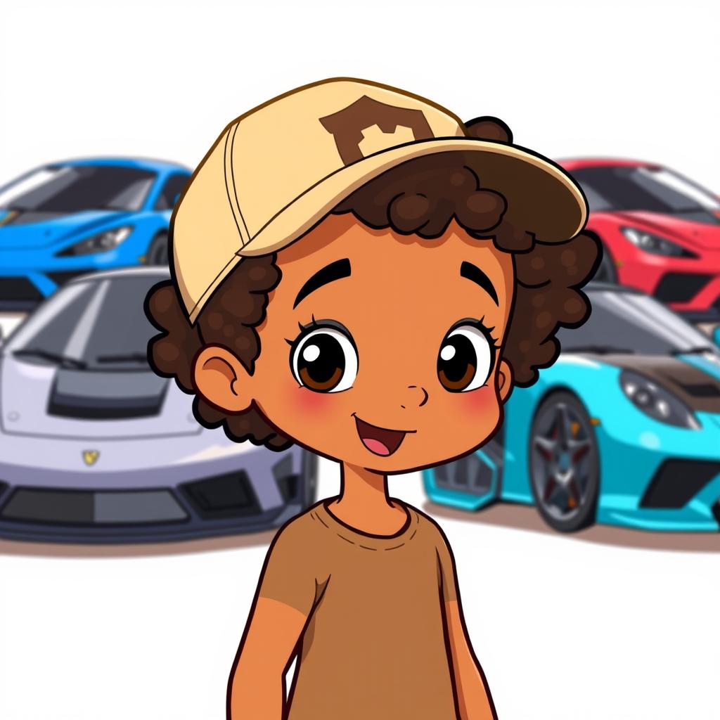 A cute cartoon character with light brown skin and curly hair, wearing a beige cap