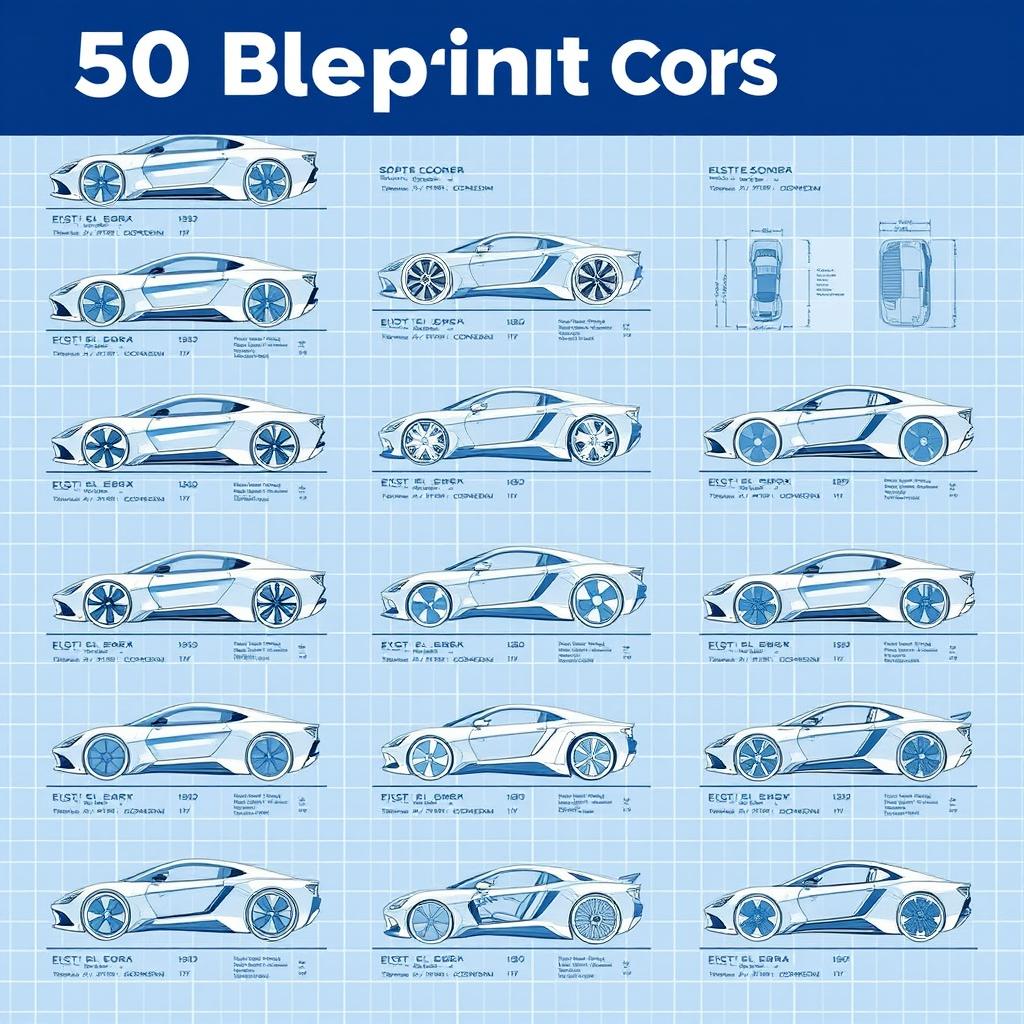 A collection of 50 blueprint concept cars, showcasing a variety of innovative and futuristic automotive designs