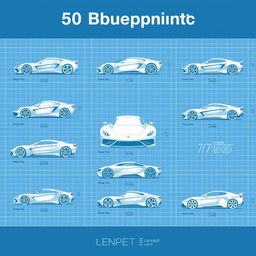 A collection of 50 blueprint concept cars, showcasing a variety of innovative and futuristic automotive designs