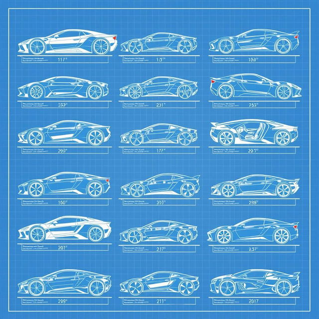 A collection of 50 blueprint concept cars, showcasing a variety of innovative and futuristic automotive designs