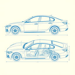 A detailed blueprint of a car, displayed in a technical and precise manner