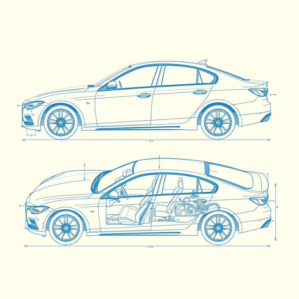 A detailed blueprint of a car, displayed in a technical and precise manner