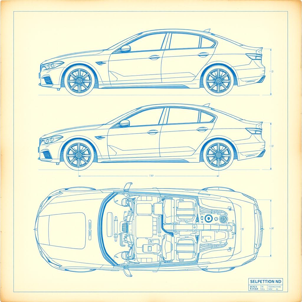 A detailed blueprint of a car, displayed in a technical and precise manner