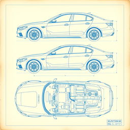 A detailed blueprint of a car, displayed in a technical and precise manner