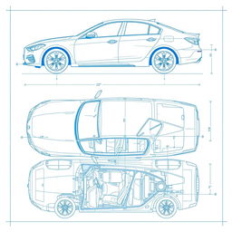 A detailed blueprint of a car, displayed in a technical and precise manner