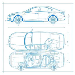 A detailed blueprint of a car, displayed in a technical and precise manner