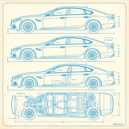 A detailed blueprint of a car, displayed in a technical and precise manner