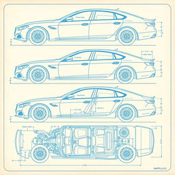 A detailed blueprint of a car, displayed in a technical and precise manner