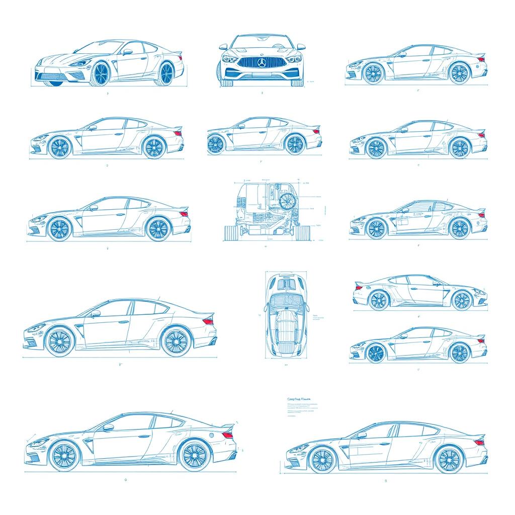 A collection of 50 detailed blueprints of various car designs, showcasing intricate details and technical specifications