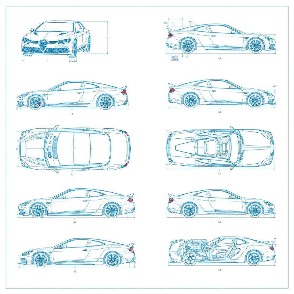 A collection of 50 detailed blueprints of various car designs, showcasing intricate details and technical specifications