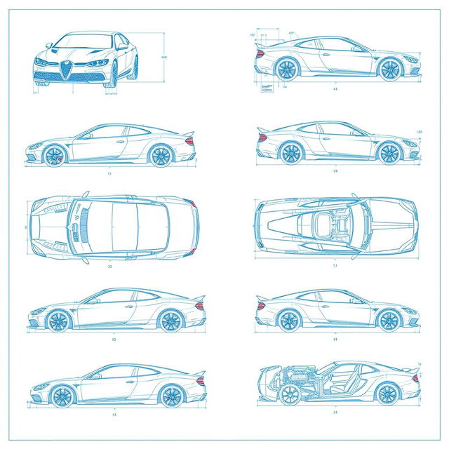 A collection of 50 detailed blueprints of various car designs, showcasing intricate details and technical specifications