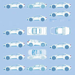 A collection of 50 detailed blueprints of various car designs, showcasing intricate details and technical specifications