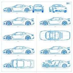 A collection of 50 detailed blueprints of various car designs, showcasing intricate details and technical specifications