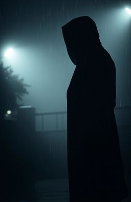 A mysterious figure standing in the rain, surrounded by fog and shadows, creating an atmospheric and eerie feeling