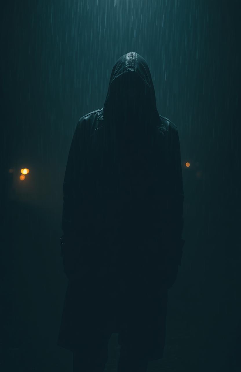 A mysterious figure standing in the rain, surrounded by fog and shadows, creating an atmospheric and eerie feeling