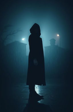 A mysterious figure standing in the rain, surrounded by fog and shadows, creating an atmospheric and eerie feeling