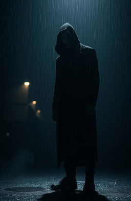 A mysterious figure standing in the rain, surrounded by fog and shadows, creating an atmospheric and eerie feeling