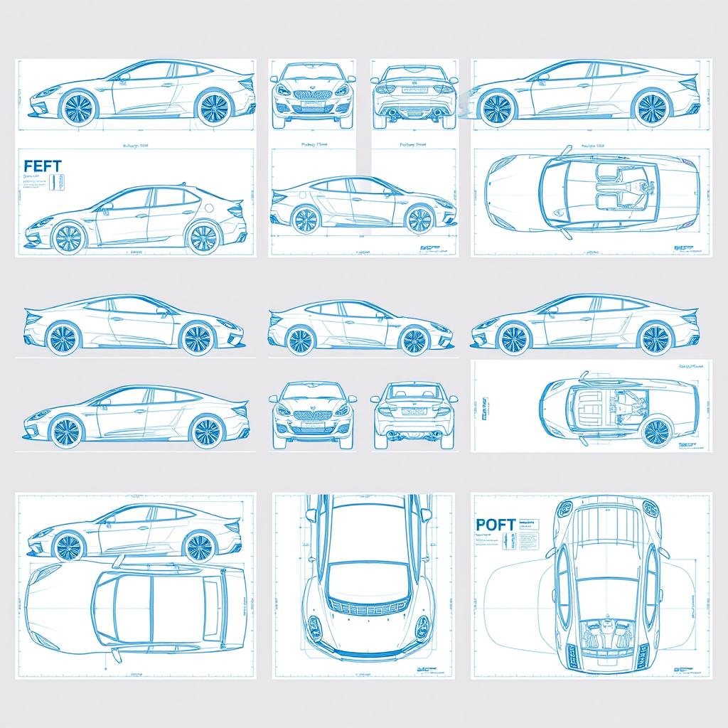 A collection of 50 unique car blueprints, each featuring the car displayed from six different angles: left, right, front, back, top (up), and bottom (down)