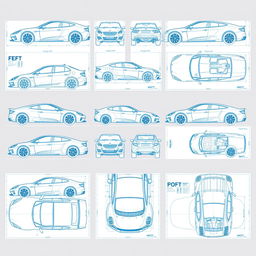 A collection of 50 unique car blueprints, each featuring the car displayed from six different angles: left, right, front, back, top (up), and bottom (down)