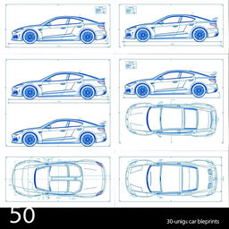 A collection of 50 unique car blueprints, each featuring the car displayed from six different angles: left, right, front, back, top (up), and bottom (down)