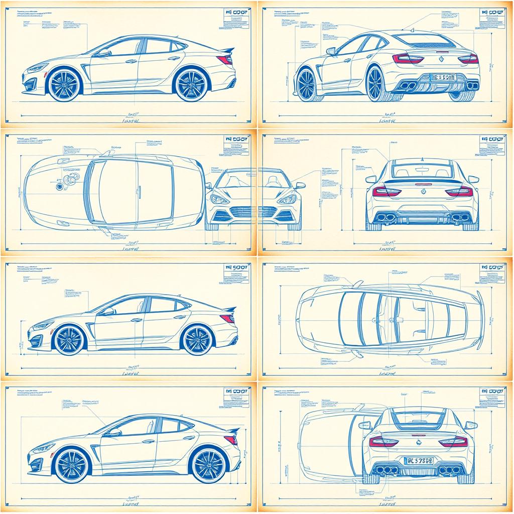 A collection of 50 unique car blueprints, each featuring the car displayed from six different angles: left, right, front, back, top (up), and bottom (down)