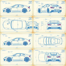 A collection of 50 unique car blueprints, each featuring the car displayed from six different angles: left, right, front, back, top (up), and bottom (down)