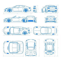 A collection of 50 unique car blueprints, each featuring the car displayed from six different angles: left, right, front, back, top (up), and bottom (down)