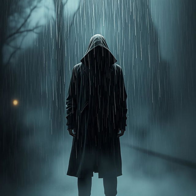 A mysterious figure standing in the rain, surrounded by thick fog and dark shadows, exuding an aura of intrigue and solitude