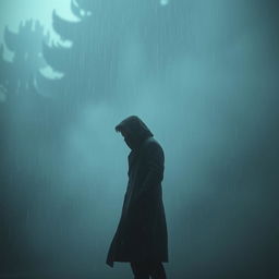 A mysterious figure standing in the rain, surrounded by thick fog and dark shadows, exuding an aura of intrigue and solitude