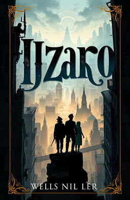 A captivating book cover design titled 'Izaro' in large, dramatic lettering, featuring an elegant and artistic font that conveys a sense of flair and importance