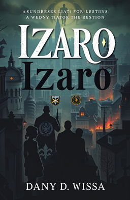 A captivating book cover design titled 'Izaro' in large, dramatic lettering, featuring an elegant and artistic font that conveys a sense of flair and importance