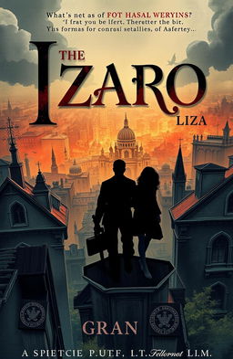 A captivating book cover design titled 'Izaro' in large, dramatic lettering, featuring an elegant and artistic font that conveys a sense of flair and importance