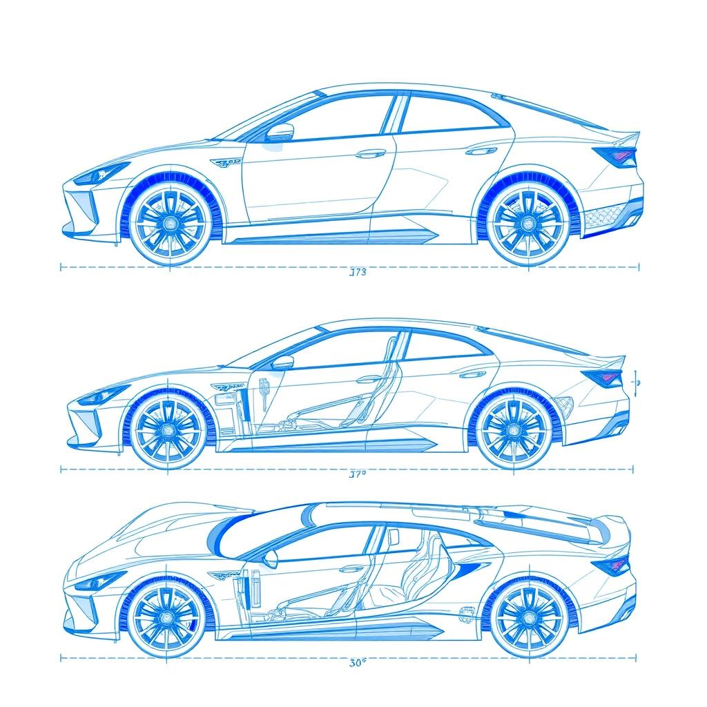 A comprehensive and detailed car blueprint featuring a single vehicle displayed from six different angles: left, right, front, back, top, and bottom