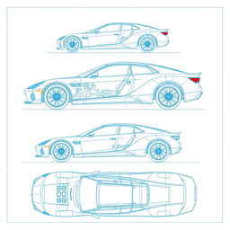 A comprehensive and detailed car blueprint featuring a single vehicle displayed from six different angles: left, right, front, back, top, and bottom