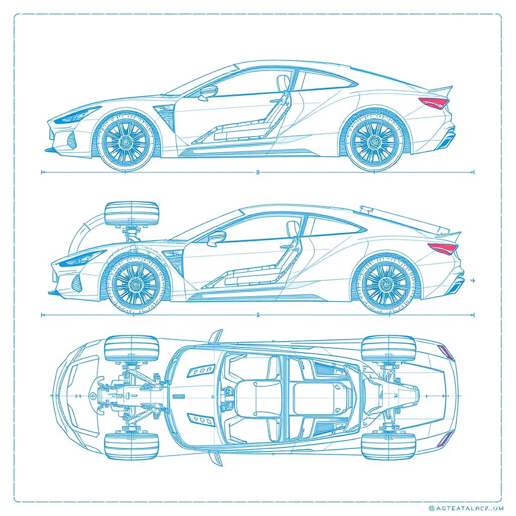 A comprehensive and detailed car blueprint featuring a single vehicle displayed from six different angles: left, right, front, back, top, and bottom